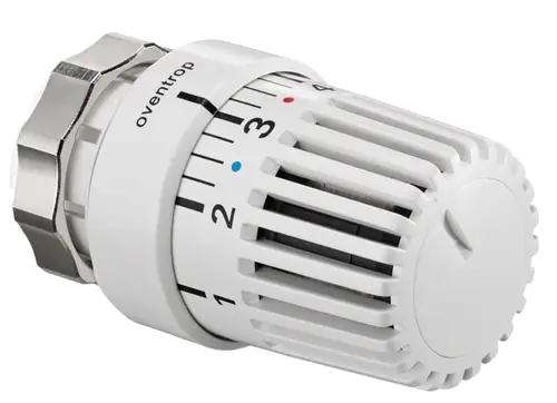 Weißer Oventrop-Thermostat mit Skala von 1 bis 5 und Flüssigfühler, geeignet für Heizungsventile, zylindrische Form mit seitlicher Klemmverbindung.